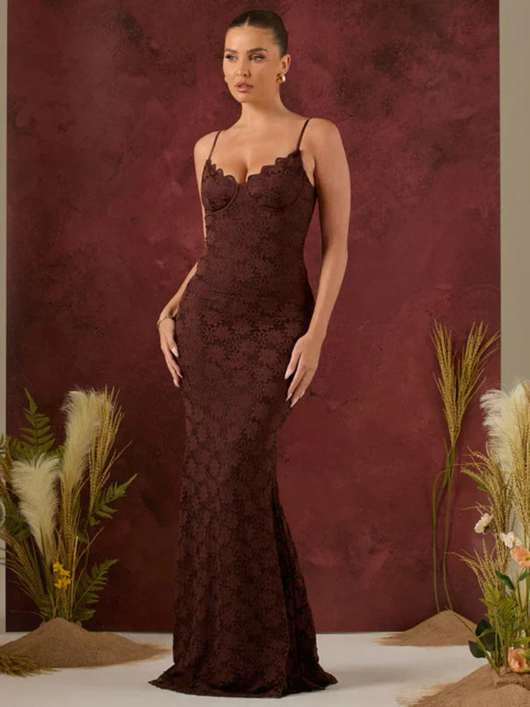 Sweetheart Spaghetti Strap Floral Lace Bustier Mermaid Maxi Gown
