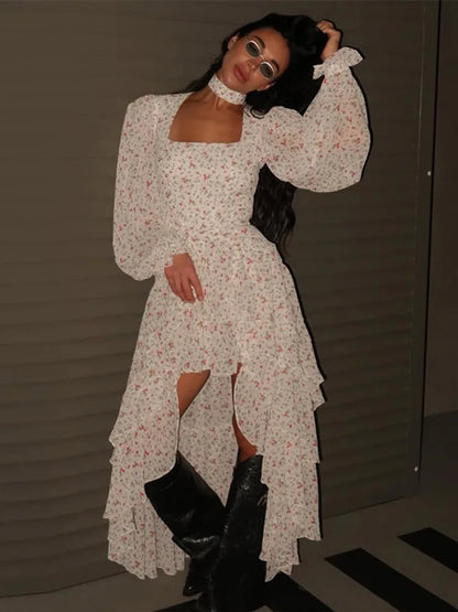 Floral Ruffled Hem Mini Dress Lace Up Skirt Sets 2 Pieces Puff Sleeve Square Collar Print Robe Irregular Multi-layer Skirts Suit
