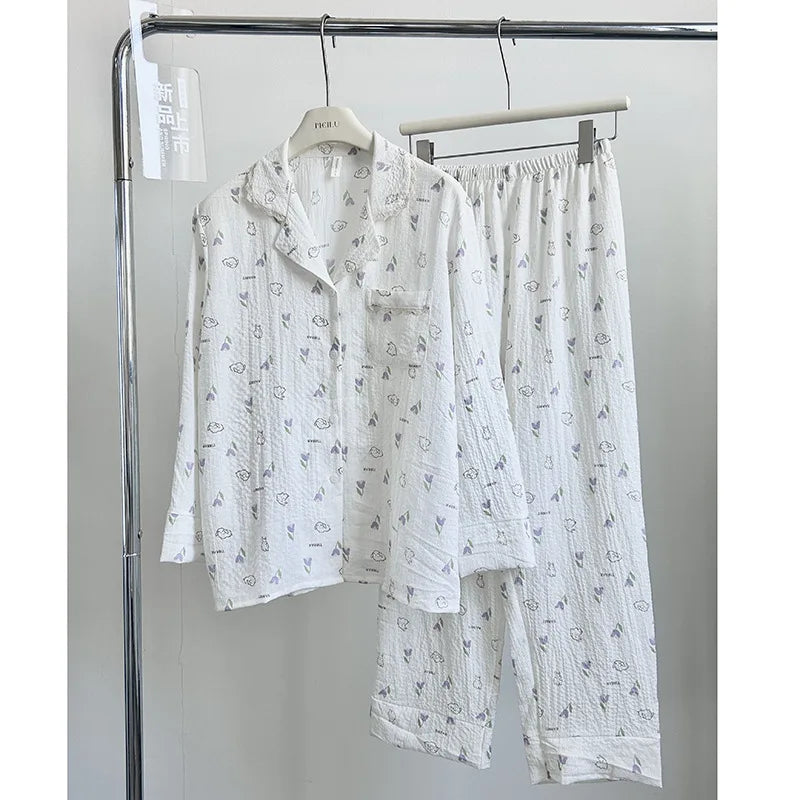 Sleepwear Cotton Pajamas Long Sleeve Pyjamas Women Nightwear Lapel Pyjamas Home Clothes