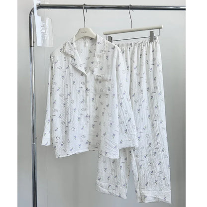 Sleepwear Cotton Pajamas Long Sleeve Pyjamas Women Nightwear Lapel Pyjamas Home Clothes