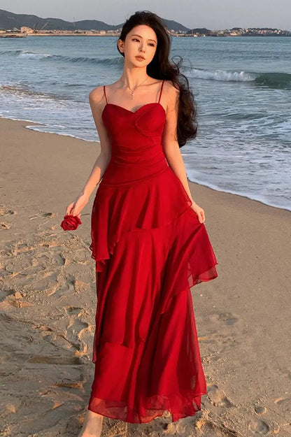 Women Elegant Red Ruffles Waist Cinching Dress Sexy Strap Backless A-Line Long Robe Summer New Style Holiday Evening Dresses