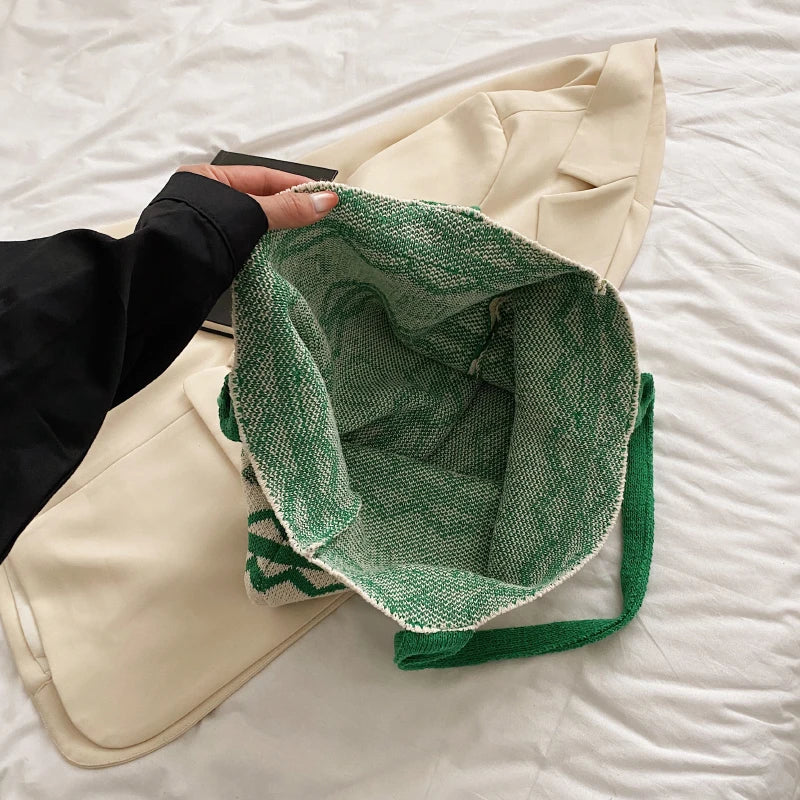 Boho Women Bag Fashion Knitted Handbag Shoulder Bag Japanese Style Woolen Crochet Woven Bag Large Capacity Top Handle Tote Bag