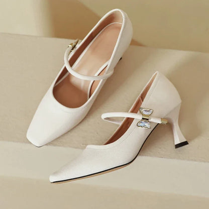 Fashion Elegant High Heels for Women Square Toe Thin Heels Office Shoes Fashion Shallow Diamond Bow Mary Jane Shoes Women Pumps