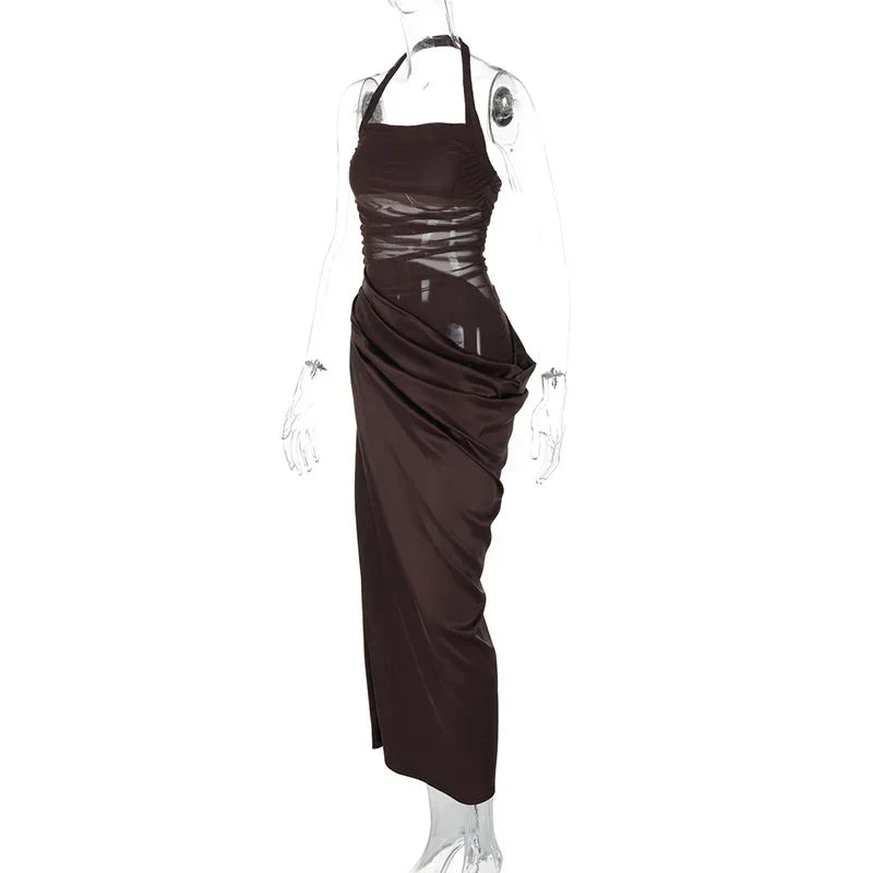 Halter Mesh Ruched Midriff Wrap Panel Bodycon Maxi Gown