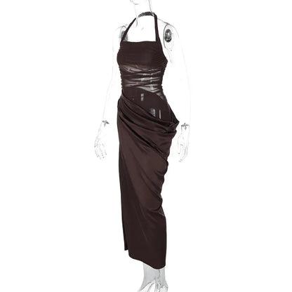 Halter Mesh Ruched Midriff Wrap Panel Bodycon Maxi Gown