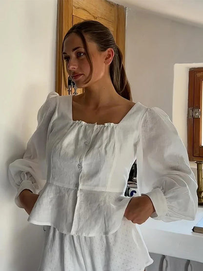 Skirts Set for Women 2 Pieces Lantern Sleeve Blouse Skirt Suit White Square Collar Button Shirts Long Skirts 2024 Summer Outfit