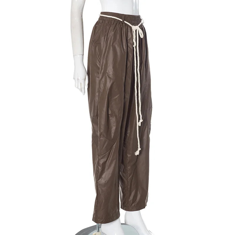 Women's Streetwear Pants Influencer Loose Casual Pleated Waist Hanging Rope Decoration Windproof Pocket Long Trousers Pants