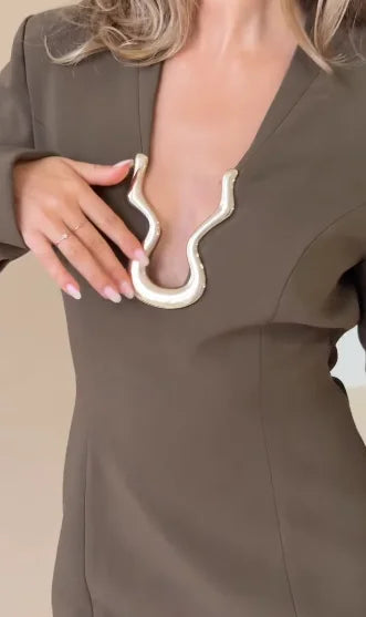 Solid Button Waist-cinching Dress Women Fashion Long Sleeve Irregular Collar Stand Neck Vestidos 2026 Lady Evening Party Robe