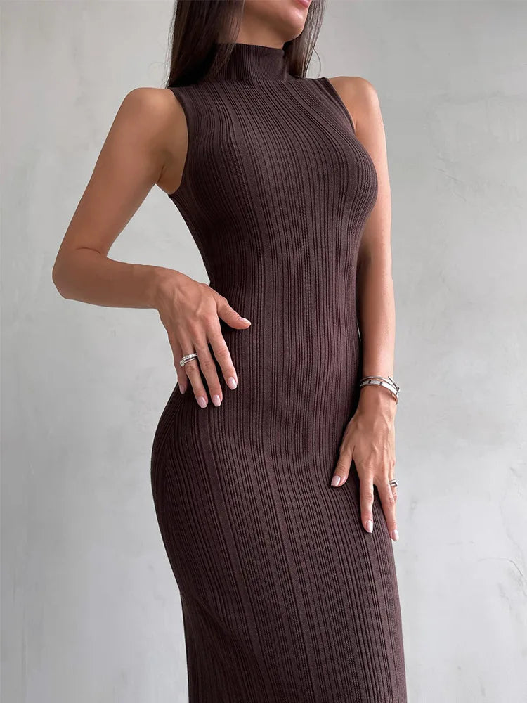 Mock Neck Sleeveless Rib Knit Bodycon Maxi Dress