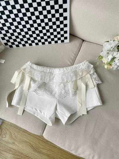 Lace Patchwork Black Shorts Women Bow Elastic Waist Sexy Girl Tight Short Pants Summer Ballet Style Chic Kawaii Clothes