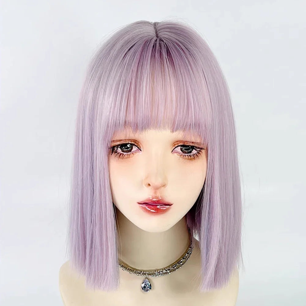 Bob Short Straight Purple Blue Mixed Synthetic Wig with Bangs Lolita Cosplay Women Fluffy Wig for Daily Party