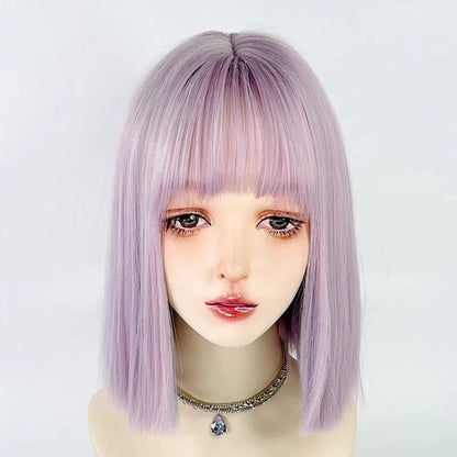 Bob Short Straight Purple Blue Mixed Synthetic Wig with Bangs Lolita Cosplay Women Fluffy Wig for Daily Party