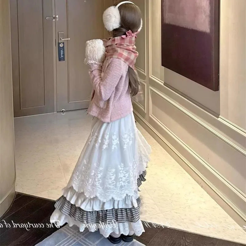 Japanese Vintage Sweet Y2k Mid-length Patchwork Skirt for Women Winter All-match A-line Faldas Mujer Moda Kawaii Skirt