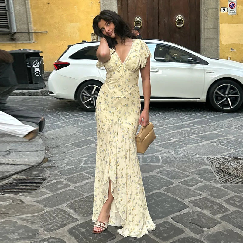 Fashion Women's Dress V-neck Short Sleeve Slim Female Print Floral Dresses Summer Sexy Elegant Holiday New Party Lady Robe