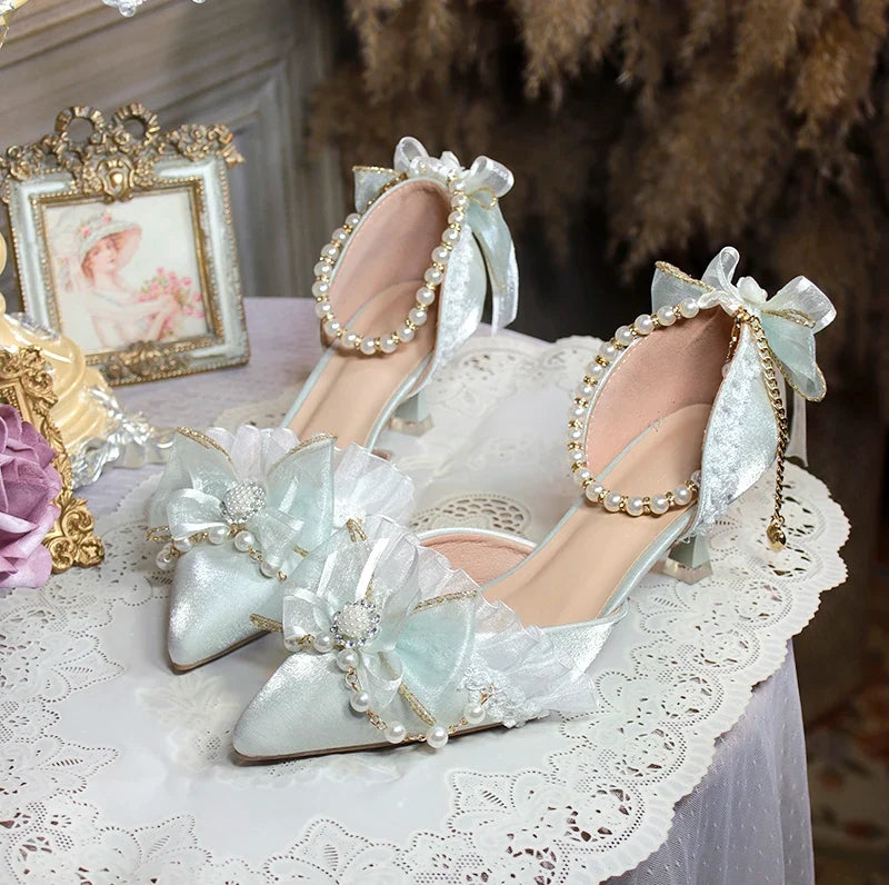 One Night Story Original Lolita Shoes Slim Heels Chinese Style Lolita Pointed Sandals High Heels Handmade Flower Wedding Shoes