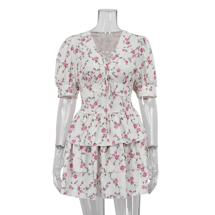 V Neck Short Sleeve Lace Up Summer Short Dresses Women Casual Vacation Mini Print Dresses A Line Corset Cake Layered Dress