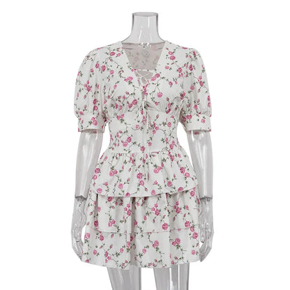 V Neck Short Sleeve Lace Up Summer Short Dresses Women Casual Vacation Mini Print Dresses A Line Corset Cake Layered Dress