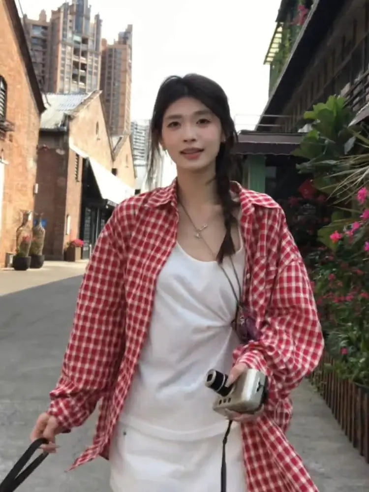 Turn-down Collar Red Plaid Shirt Women's Spring Casual Long-sleeved Loose Sunscreen Shirt Fashion Female Clothes
