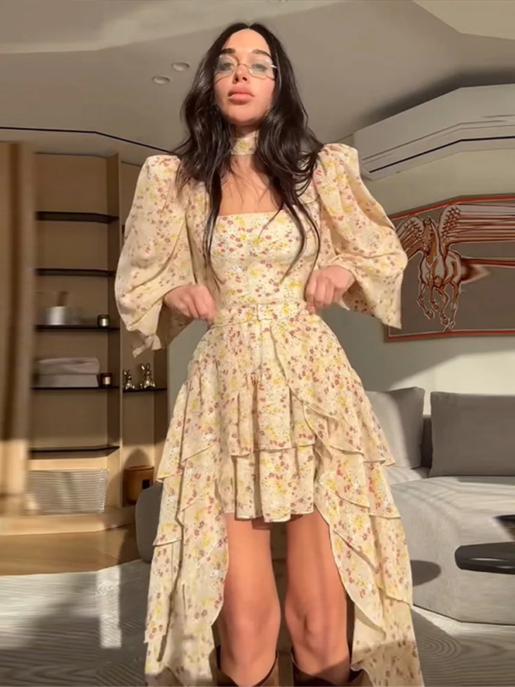 Floral Ruffled Hem Mini Dress Lace Up Skirt Sets 2 Pieces Puff Sleeve Square Collar Print Robe Irregular Multi-layer Skirts Suit