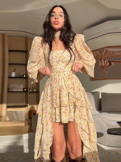Floral Ruffled Hem Mini Dress Lace Up Skirt Sets 2 Pieces Puff Sleeve Square Collar Print Robe Irregular Multi-layer Skirts Suit