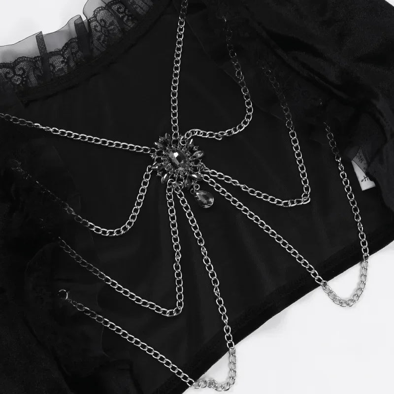 Velvet Lace Patchwork Chain Shawl for Women Halloween Autumn Slim Fit Flared Sleeves Crop Tops Capes Party Clubwear