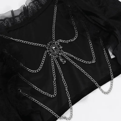 Velvet Lace Patchwork Chain Shawl for Women Halloween Autumn Slim Fit Flared Sleeves Crop Tops Capes Party Clubwear