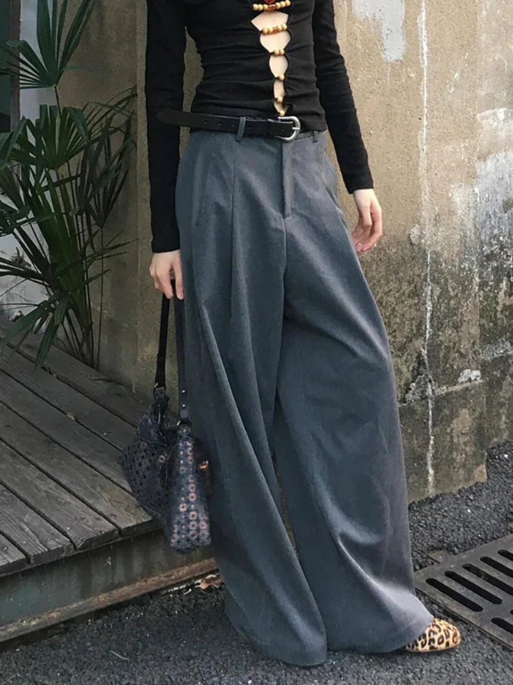 Women Pleated Front Gray Wide Leg Suit Pants Vintage High Rise Pockets Loose Solid Draped Long Trousers Work Casual Clothes