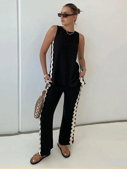 Casual Sleeveless Shirts Long Pant Woman's Set Versatile Loose O-neck Shirts High Waist Trousers Sets Female Spring Chic Outfits