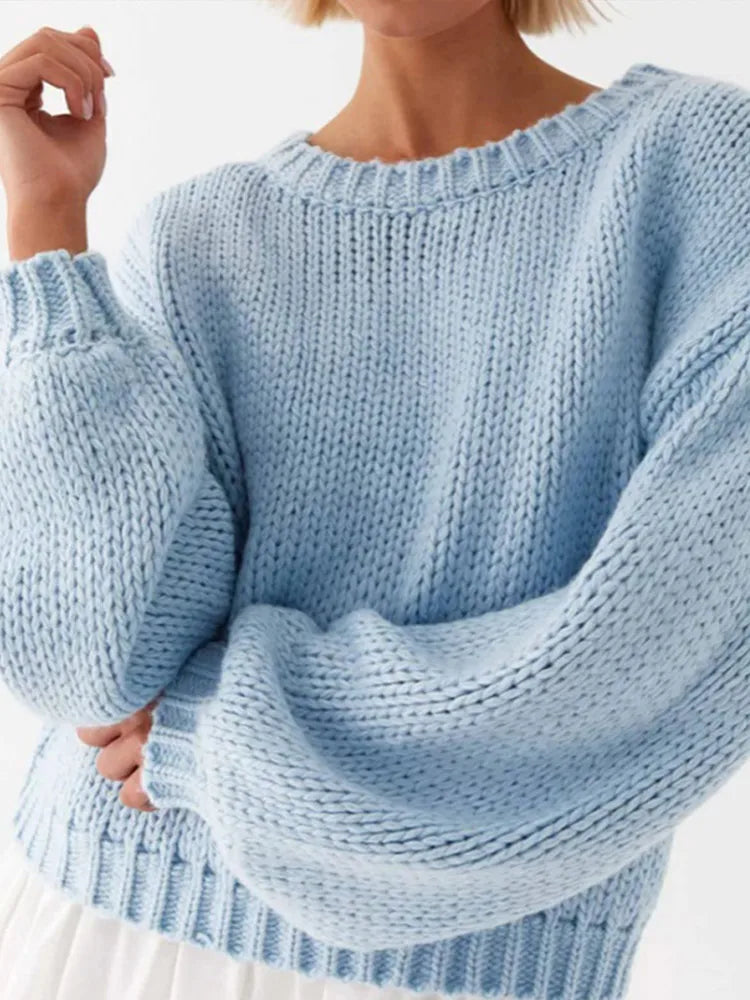 Fashion Blue Long Lantern Sleeve Knitted Jumper Women Elegant Solid O Neck Loose Sweater New Chic Lady Commuting Pullover