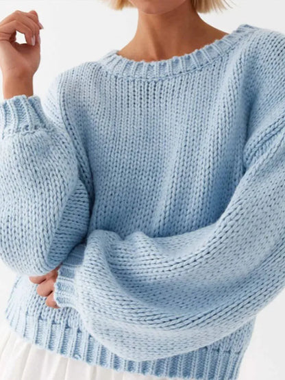Fashion Blue Long Lantern Sleeve Knitted Jumper Women Elegant Solid O Neck Loose Sweater New Chic Lady Commuting Pullover