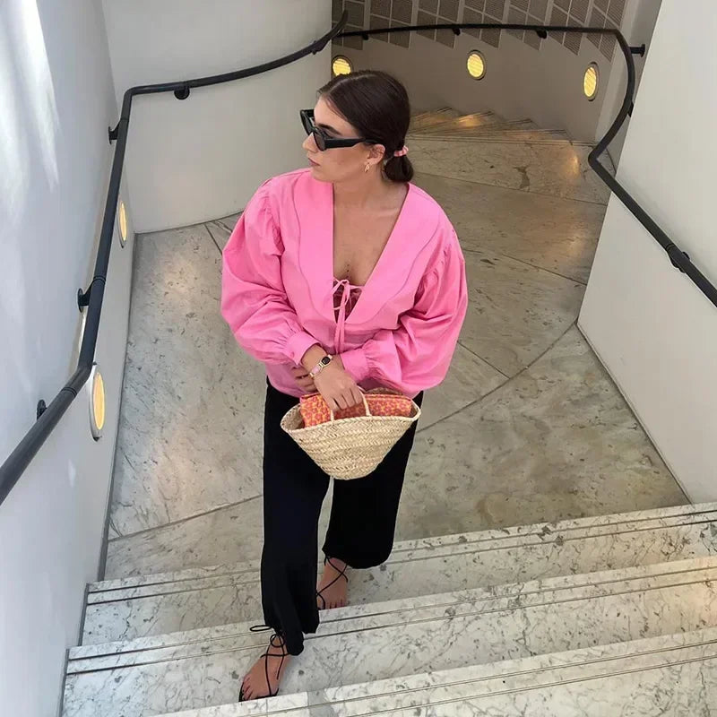 Sweet Bow Lace-up Women's Blouse Solid Loose Wavy Deep V-neck Puff Long Sleeve Tops 2024 Spring Summer Elegant Female Blouses