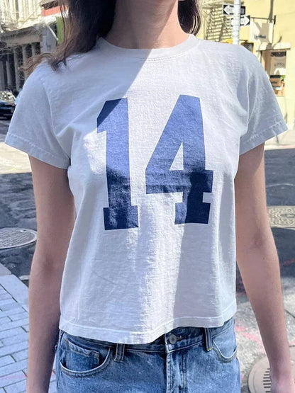 Classic Number Graphic Print Women Summer Cotton T-shirts Soft Casual Loose O-neck Tees Vintage Short Sleeve Streetwear Y2K Tops