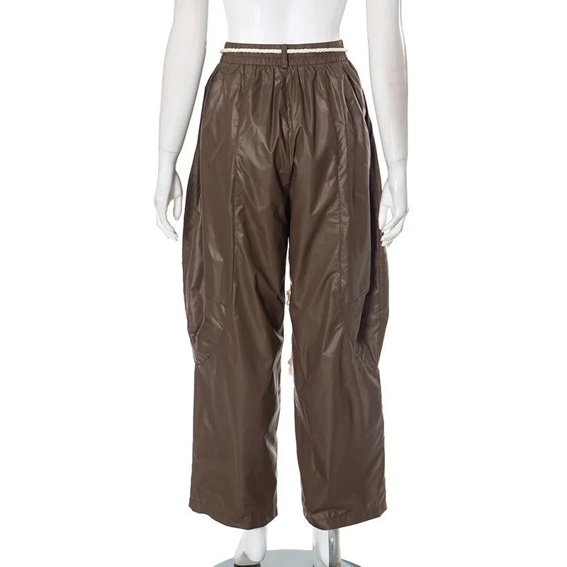Women's Streetwear Pants Influencer Loose Casual Pleated Waist Hanging Rope Decoration Windproof Pocket Long Trousers Pants
