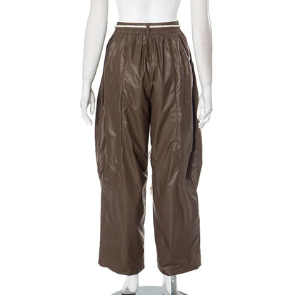 Women's Streetwear Pants Influencer Loose Casual Pleated Waist Hanging Rope Decoration Windproof Pocket Long Trousers Pants