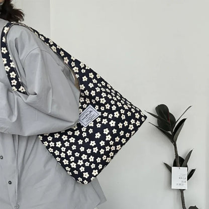 Vintage Sweet Flower Print Tote Bag Office Lady Fashion Fairy Chic Women Handbags All Match Canvas Casual Shoulder Underarm Bag