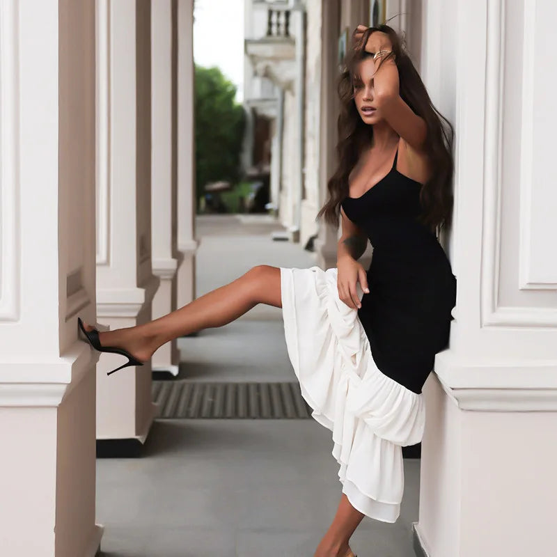 Spaghetti Strap Scoop Neck Asymmetric Waist Tiered Ruffle Hem Maxi Dress