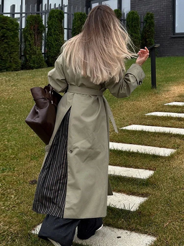 Vintage Splicing Striped Khaki Trench Women Retro Lapel Single-Breasted Long Windbreaker Lady Autumn Elegant Chic Street Outwear