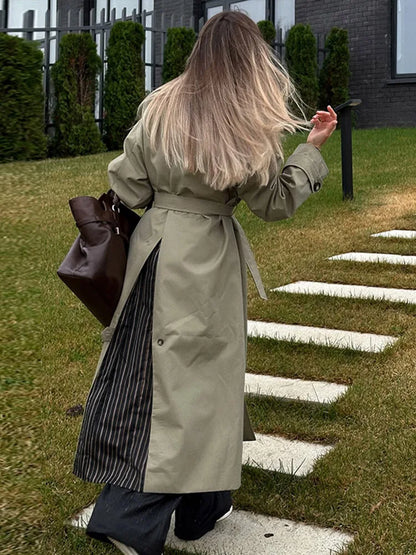 Vintage Splicing Striped Khaki Trench Women Retro Lapel Single-Breasted Long Windbreaker Lady Autumn Elegant Chic Street Outwear