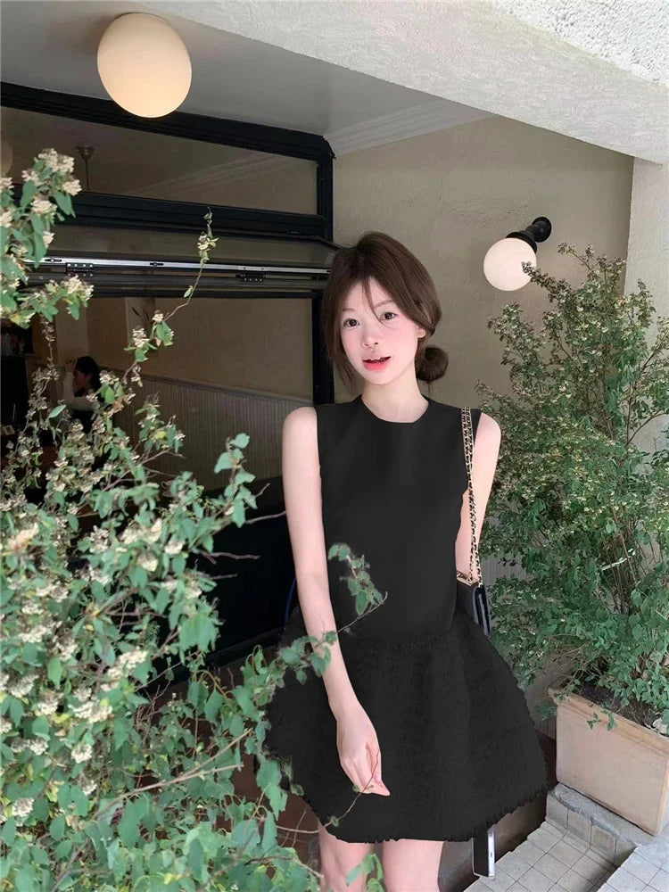 Summer O-Neck Mini Dress Party Dress Fashion Layered Mesh Patchwork Sleeveless A-Line Tank Dress