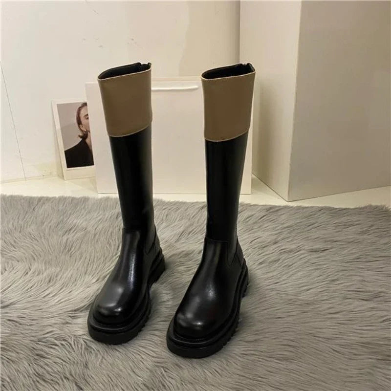 Middle Heel Platform Shoes for Woman Black Footwear Long Winter Knee High Shaft Round Toe Women's Boots Cosplay Pu Spring Autumn