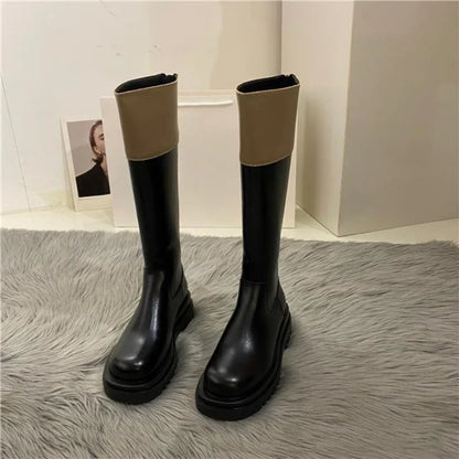Middle Heel Platform Shoes for Woman Black Footwear Long Winter Knee High Shaft Round Toe Women's Boots Cosplay Pu Spring Autumn