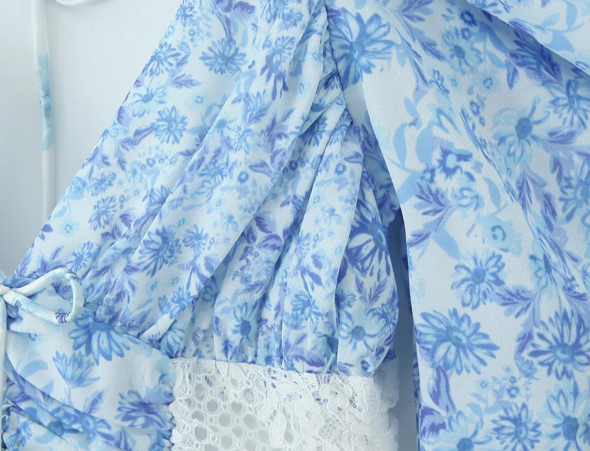 Summer Women Blue Floral Print A-line Mini Dresses Sexy Backless V Neck Lace Spliced Boho Dresses Female Holiday Robe New 2025