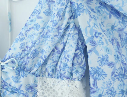Summer Women Blue Floral Print A-line Mini Dresses Sexy Backless V Neck Lace Spliced Boho Dresses Female Holiday Robe New 2025