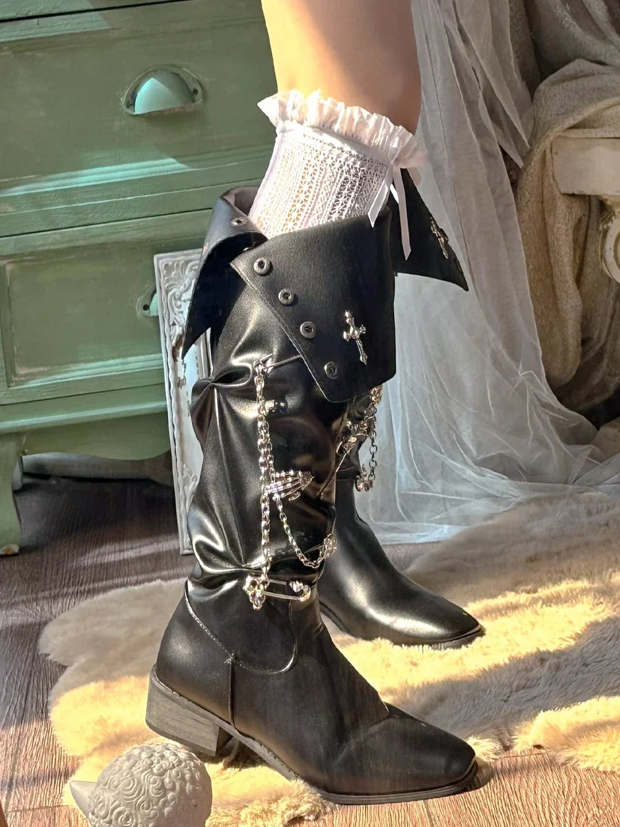 Pinkyo Original Dark Cross Pointed Spicy Girl Boots Lolita American Punk Style Thick Heel Retro Knight Boots