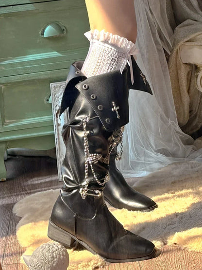 Pinkyo Original Dark Cross Pointed Spicy Girl Boots Lolita American Punk Style Thick Heel Retro Knight Boots