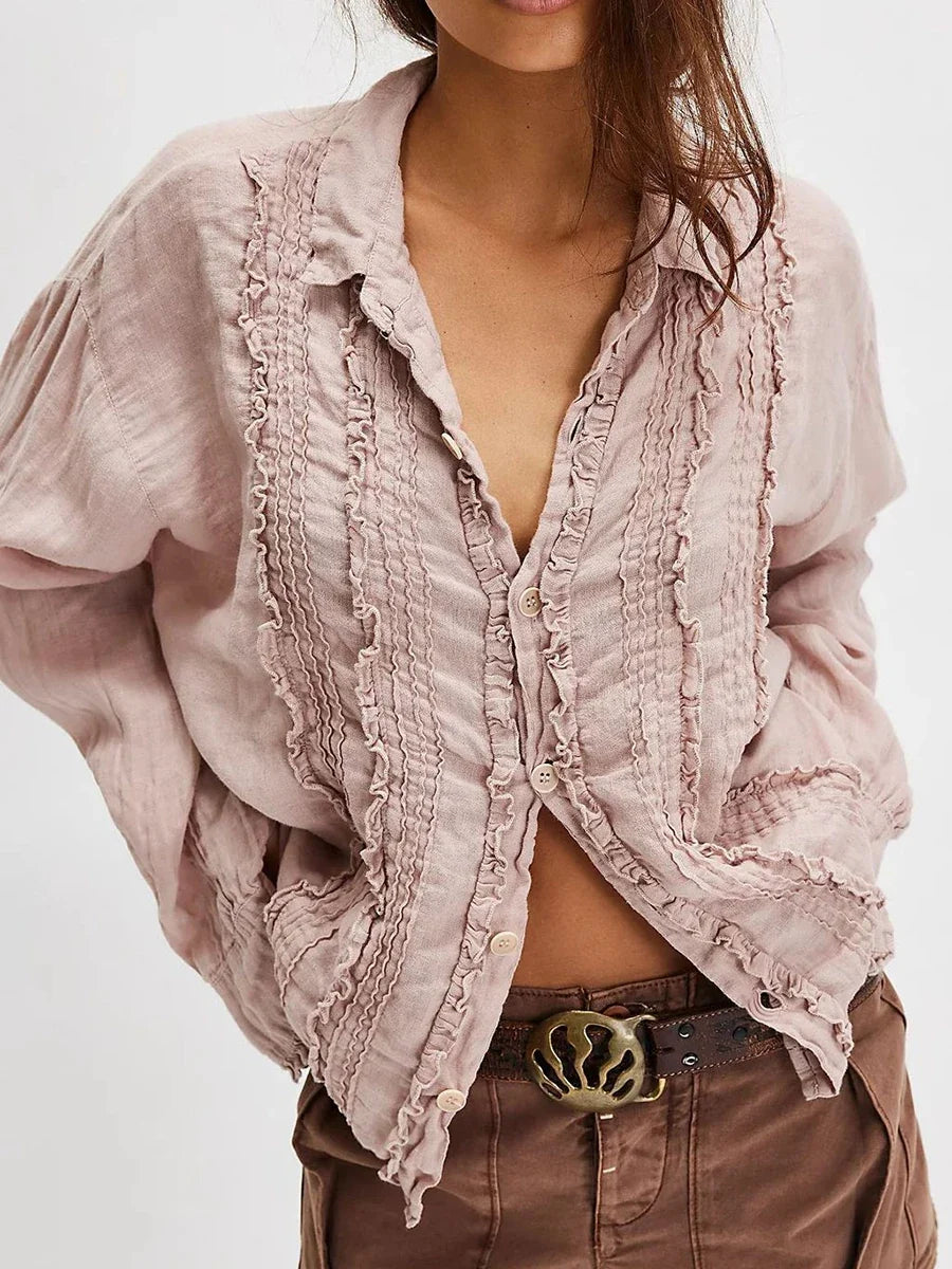 Fungus Trim Solid Shirts For Women Spring New Single Breasted Lapel Collar Blouses Simple Casual Fashion Long Sleeve Blouse Lady