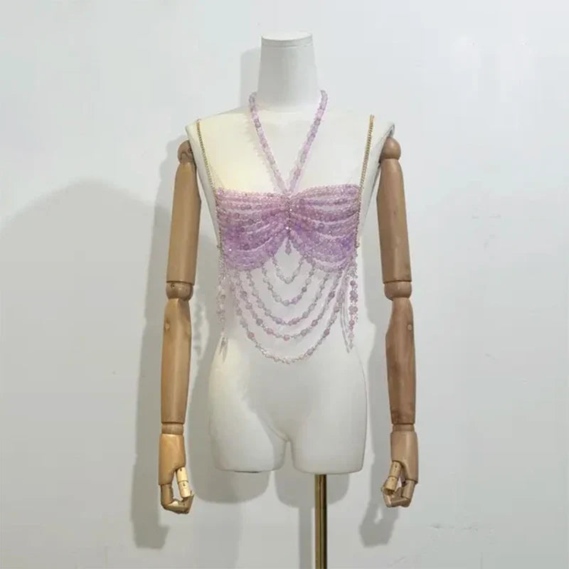 NEW Handmade color matching beads irregular shape chest wrap hollow backless tassel top sexy women beach camping vacation