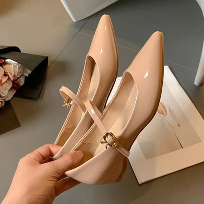Women 5cm Heels Wedges Mary Jane Thin Shoes Sexy Buckle Strap Pointed-toe Pumps Solid Color Patent Leather Heels Lady Work Shoes