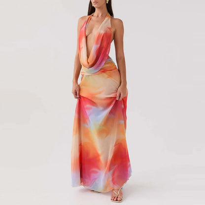 Sexy Sleeveless Printed Swinging Collar Tops&Half Skirts Sets Elegant Backless Vest High Waisted Skirts 2PC Sets Summer Outfits