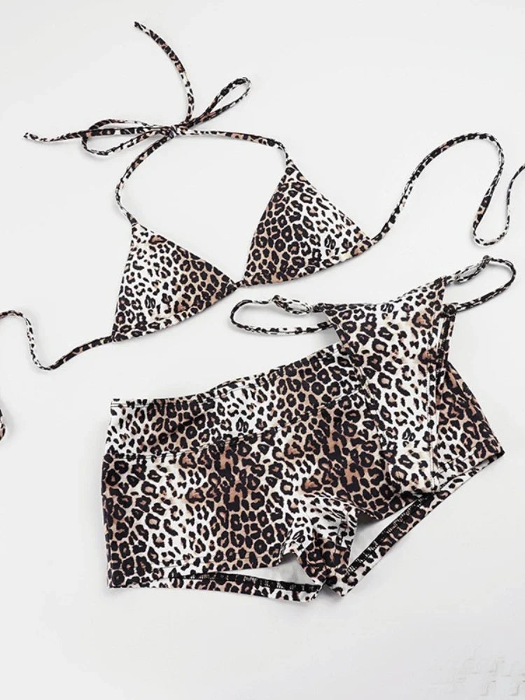 Women Leopard Print Bikini Set Sexy Wild Summer Beach Tie-up Triangle Bikini Top and Low Rise Boyshorts 3 Pieces Set